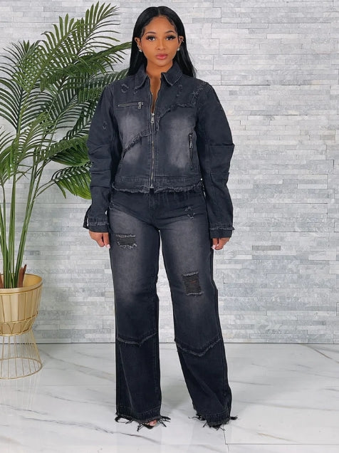 DENIM DISTRESSED JACKET & FRAYED PANTS SET