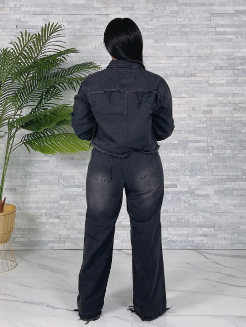 DENIM DISTRESSED JACKET & FRAYED PANTS SET