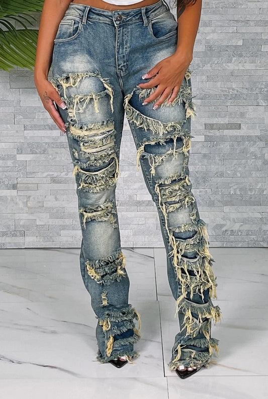 HEAVY FRAYED STACKED JEANS