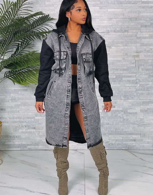 OVERSIZED HOODED DENIM LONG JACKET